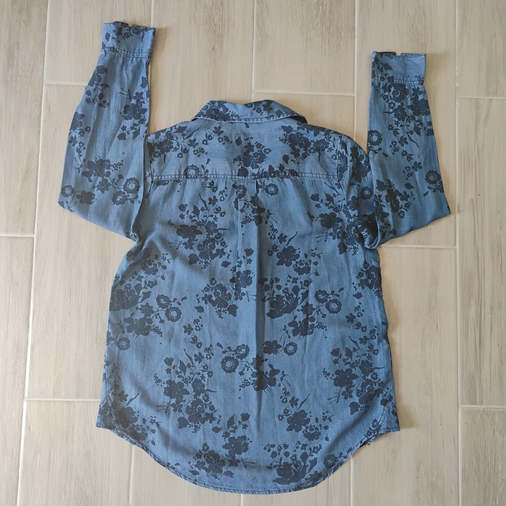Style & Co. Blue Floral Blouse PS Petite Small Long Sleeve Button Front Top - Picture 3 of 5